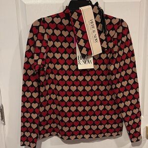 BNWT HERE & NOW Red Beige Valentine's Day Hearts Sweater and Wristlet Set Size S
